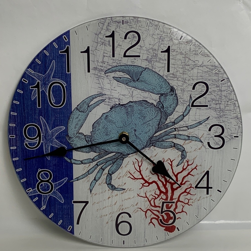 Coastal Blue Crab Wall Clock Nautical Beach Decor 12 Inch Quartz L-8828 Works